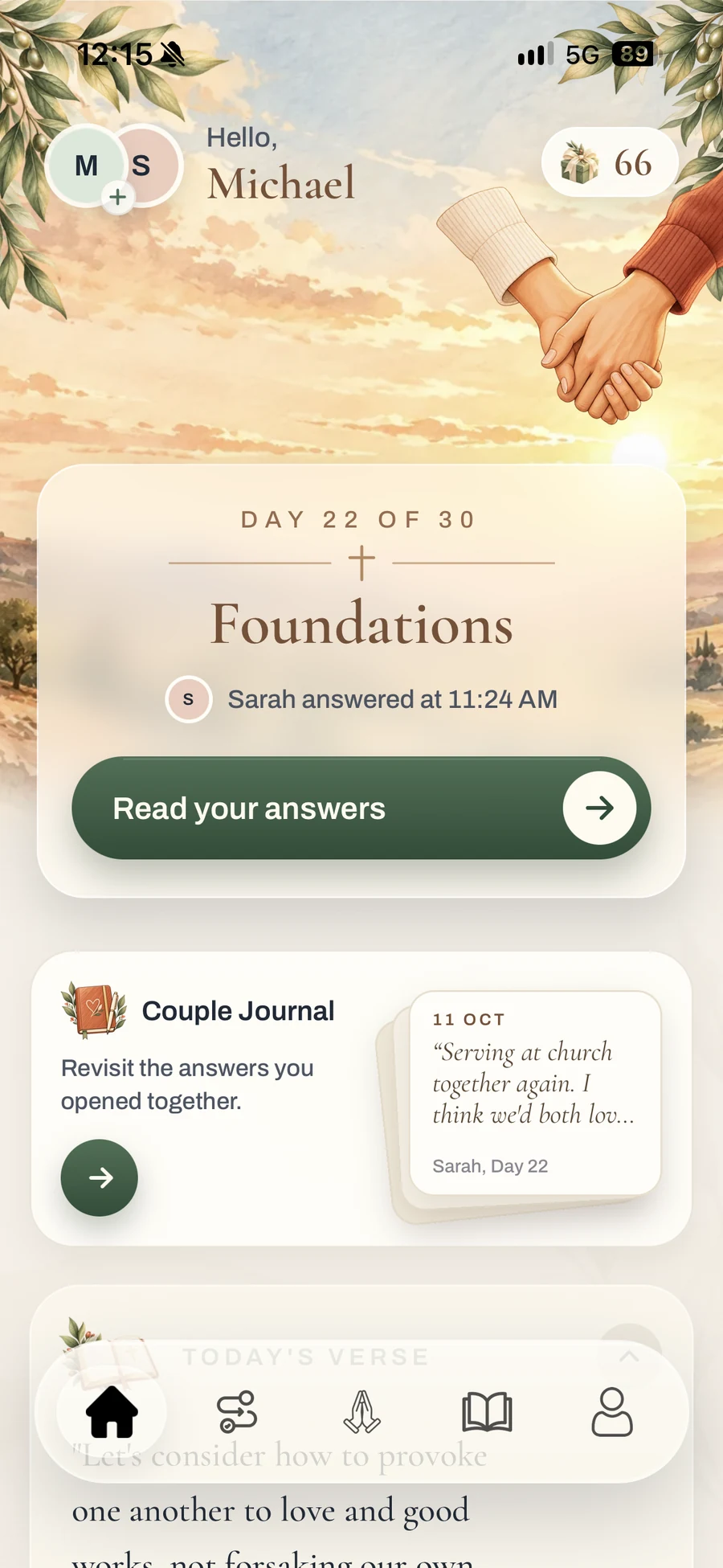 Today screen: Day 22 of the Foundations series, with both answers in
