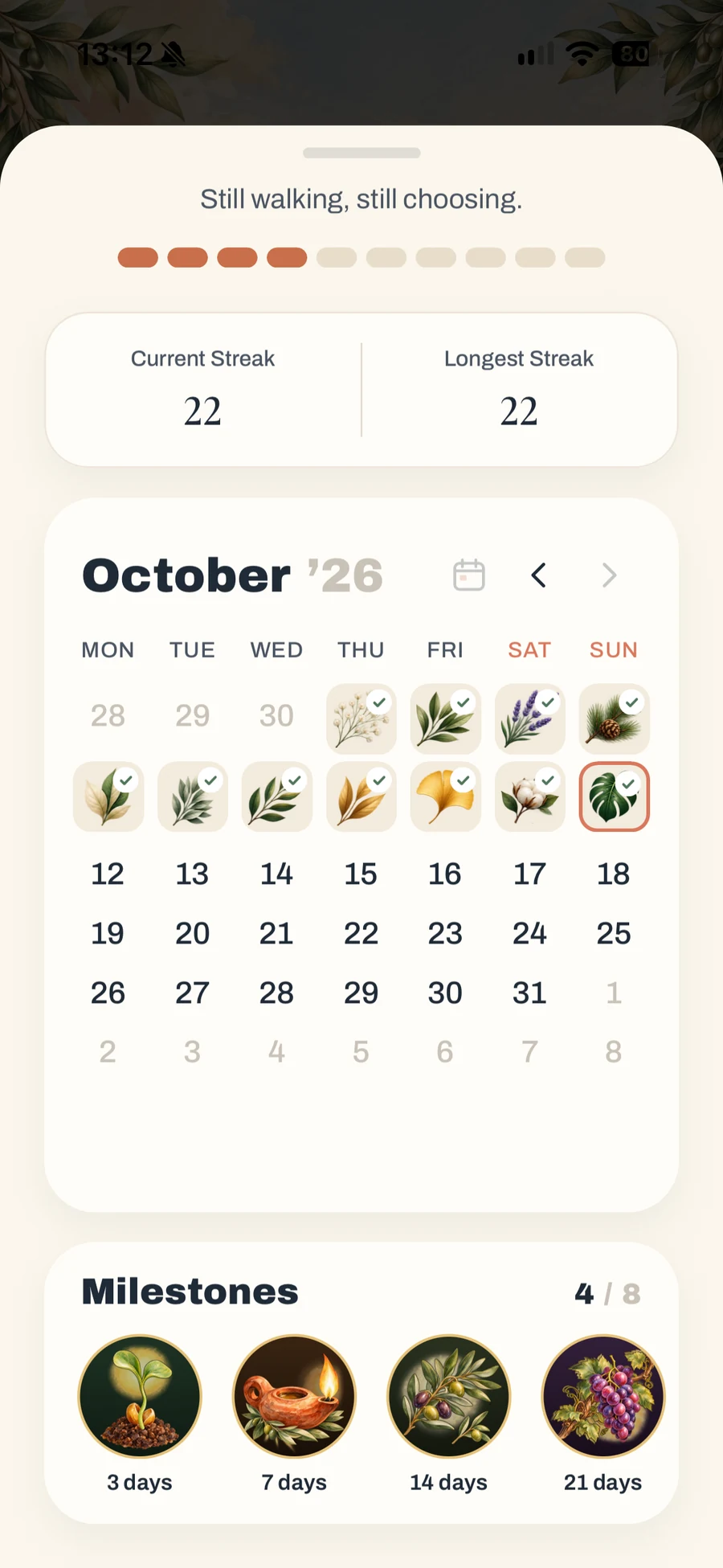 The streak calendar for October with milestones